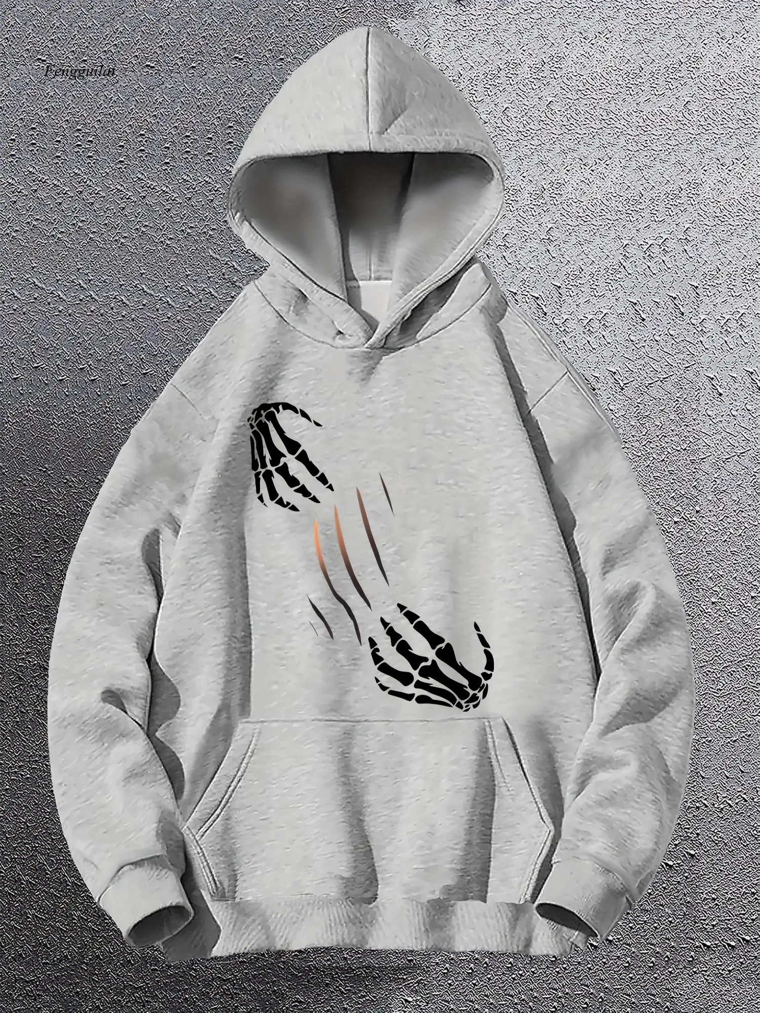 Sweat-shirt à capuche gothique Y2K imprimé squelette – Pull à manches longues coupe décontractée avec motif de manches d'aile d'os et de chauve-souris