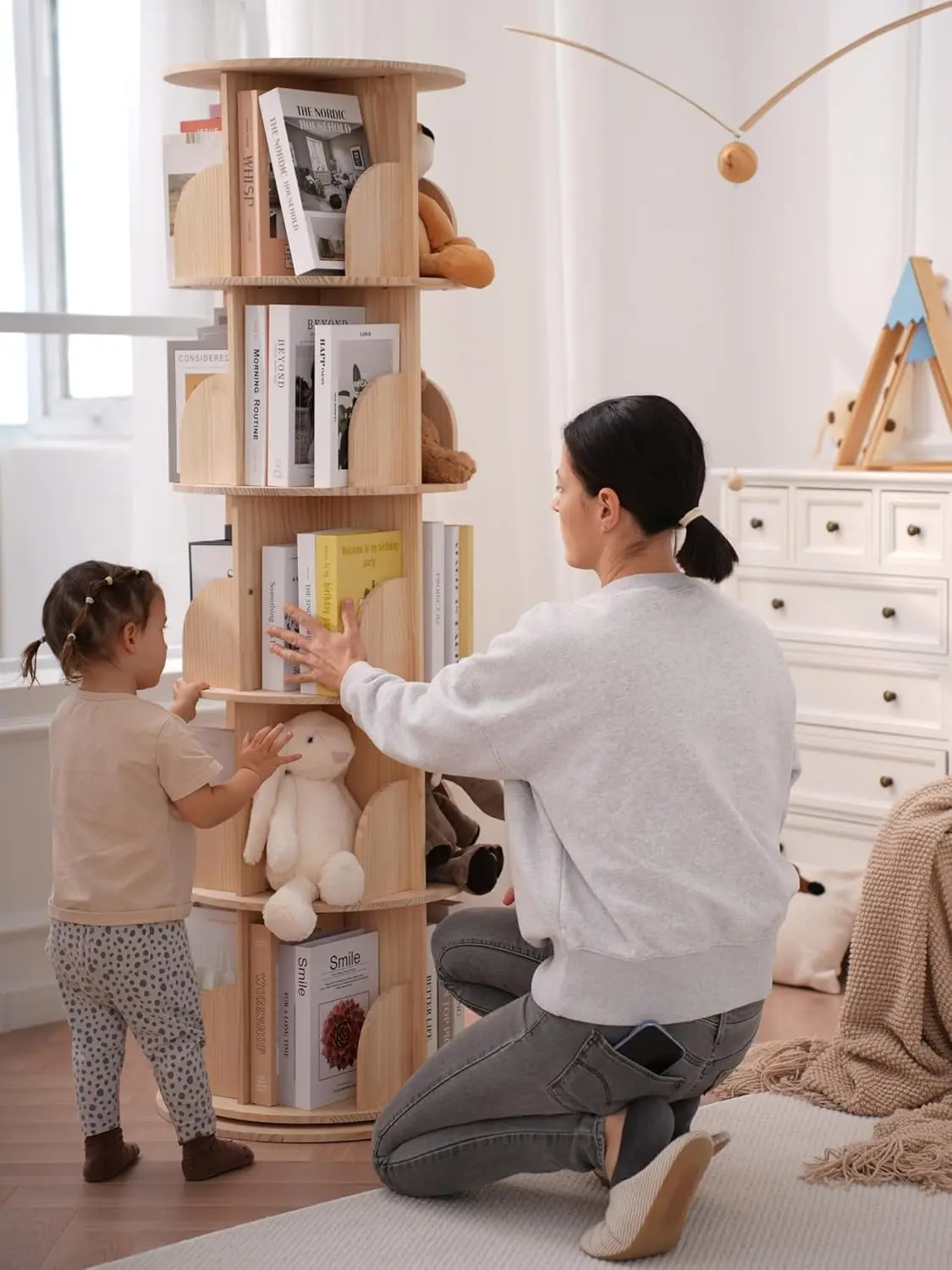 رف كتب دوار 5 طبقات، 360 درجة °   خزانة كتب أرضية، منظم من الخشب الصلب لغرفة الأطفال، غرفة المعيشة، غرفة النوم