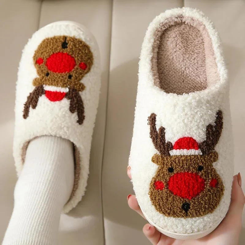 Zapatillas de casa de ciervo navideño para hombres y mujeres, pantuflas cómodas sin cordones, pantuflas cálidas de felpa, pantuflas mullidas peludas para parejas, Invierno