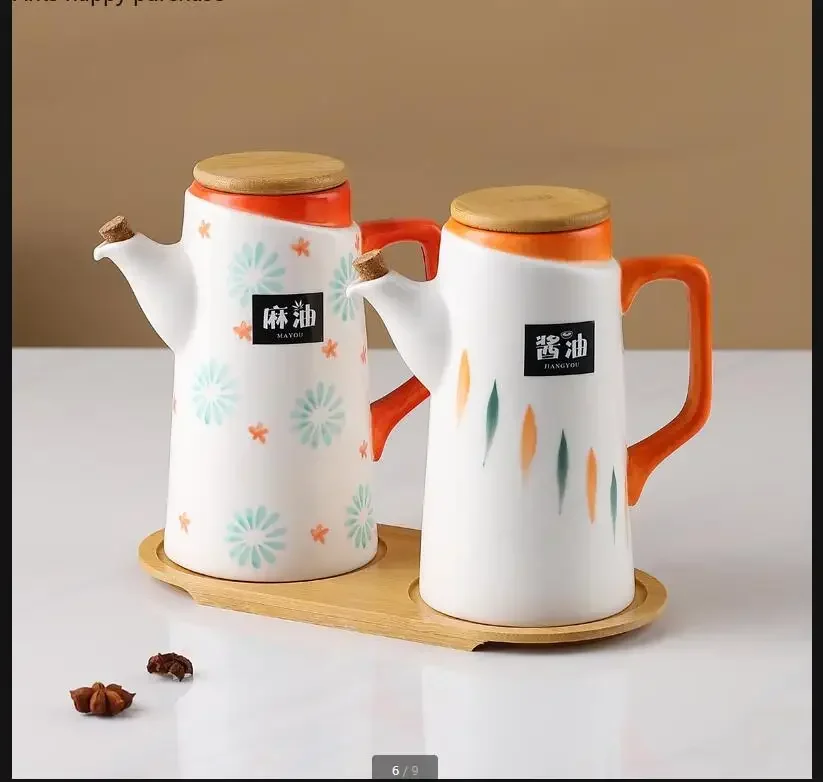 

Ceramic Oil Can with Wooden Pallet Leakproof Large Soy Sauce Bottle Vinegar Pot Lecythus 2-piece Set Oil Tank Kitchen Supplies