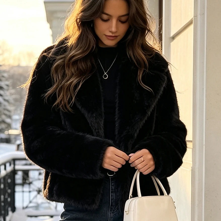 Faux Fur Coats Jackets Women Turn Down Collar Mid Length Coat Thick Warm Y2k Streetwear Jacket Casual Loose Autumn Winter 2026