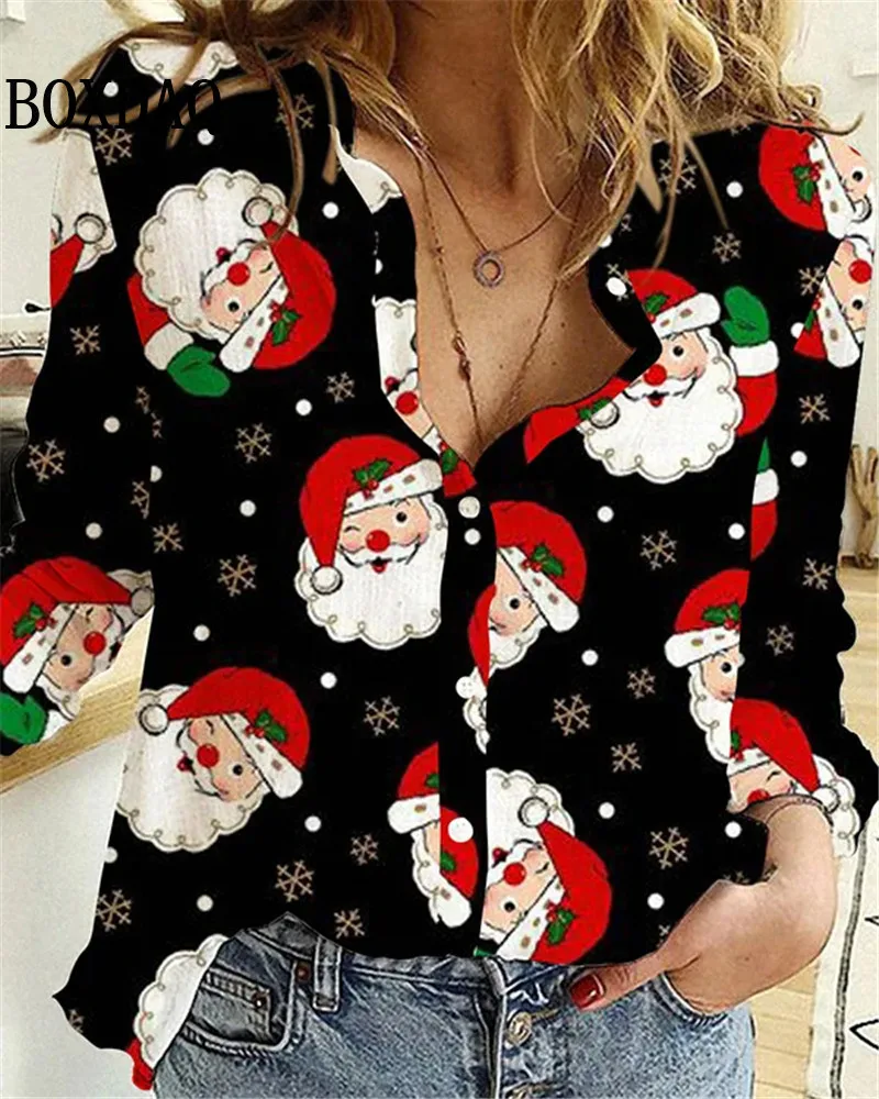 New 2024 Women\'s Blouses Christmas 3D Printed Shirts Autumn Winter Fashion Long Sleeve Funny Cute Santa Claus Casual Button Tops