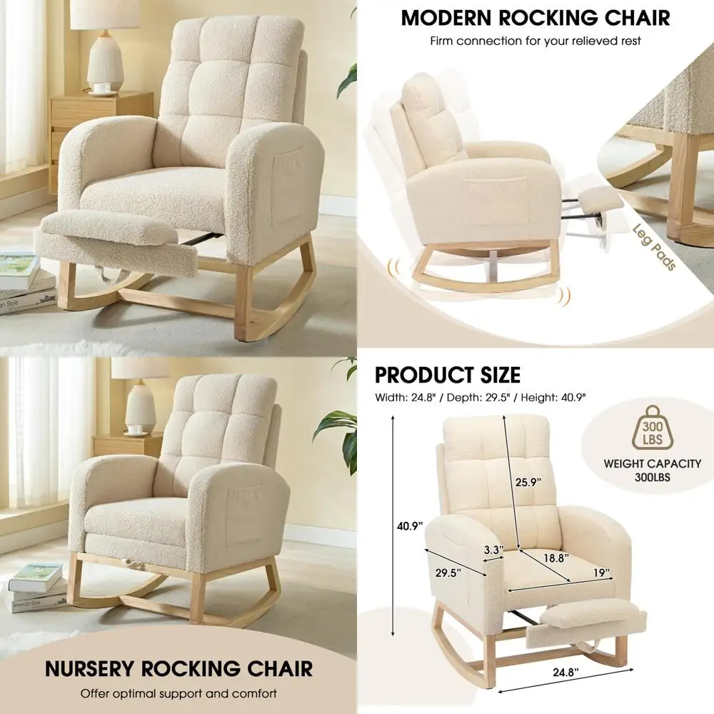 Upholstered Teddy Bear Rocking Chair with Footrest, Comfortable Recliner for Nursery with Side Pocket