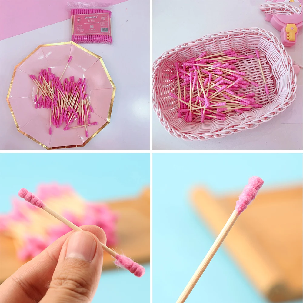 100PCS Disposable Cotton Swab Cute Pink Double Head Cotton Stick Makeup Remover Bat for Beauty Cosmetics Ear Cleaning Swabs