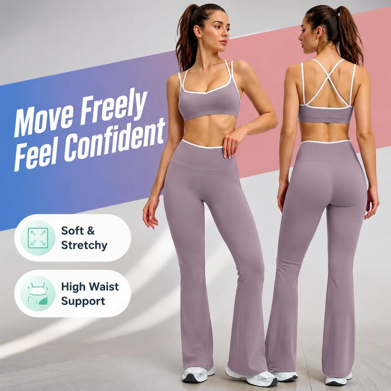 Women's 2-Piece Workout Set: Double Strap Sports Bra and Flare Leggings, White Trim Gym Yoga Suit