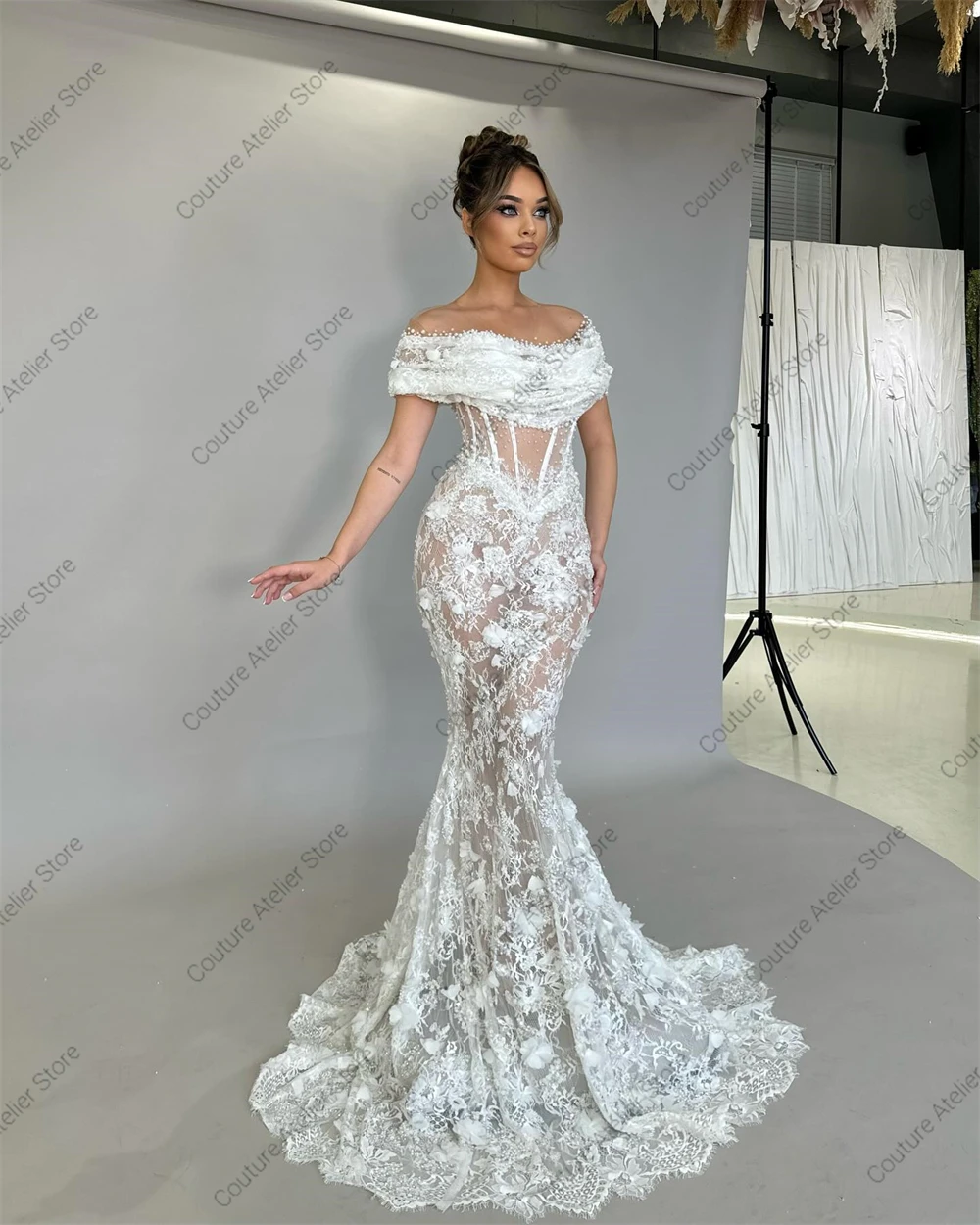 Vestidos de casamento de renda romântica para noivas 2025 fora do ombro contas sereia apliques vestido de noivado com véu personalizado