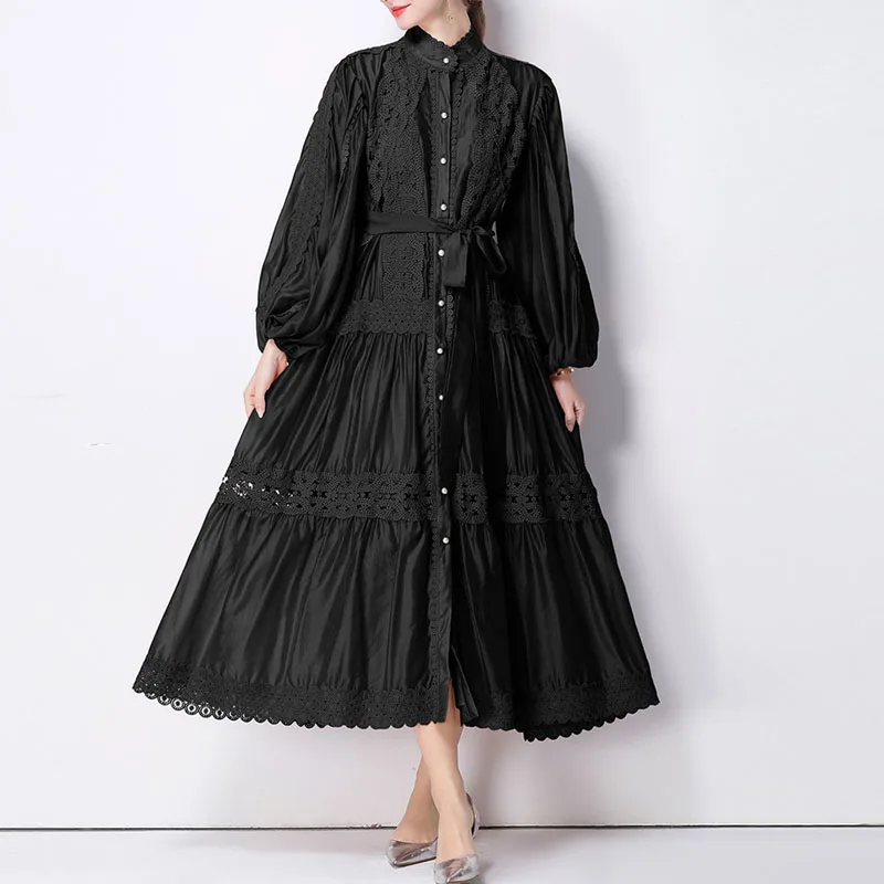 Dresses for Women New Long Sleeve Stand Collar Women Dress White Black Lace-up A-LINE Dress Women Vestidos De Verano Mujer Q1984