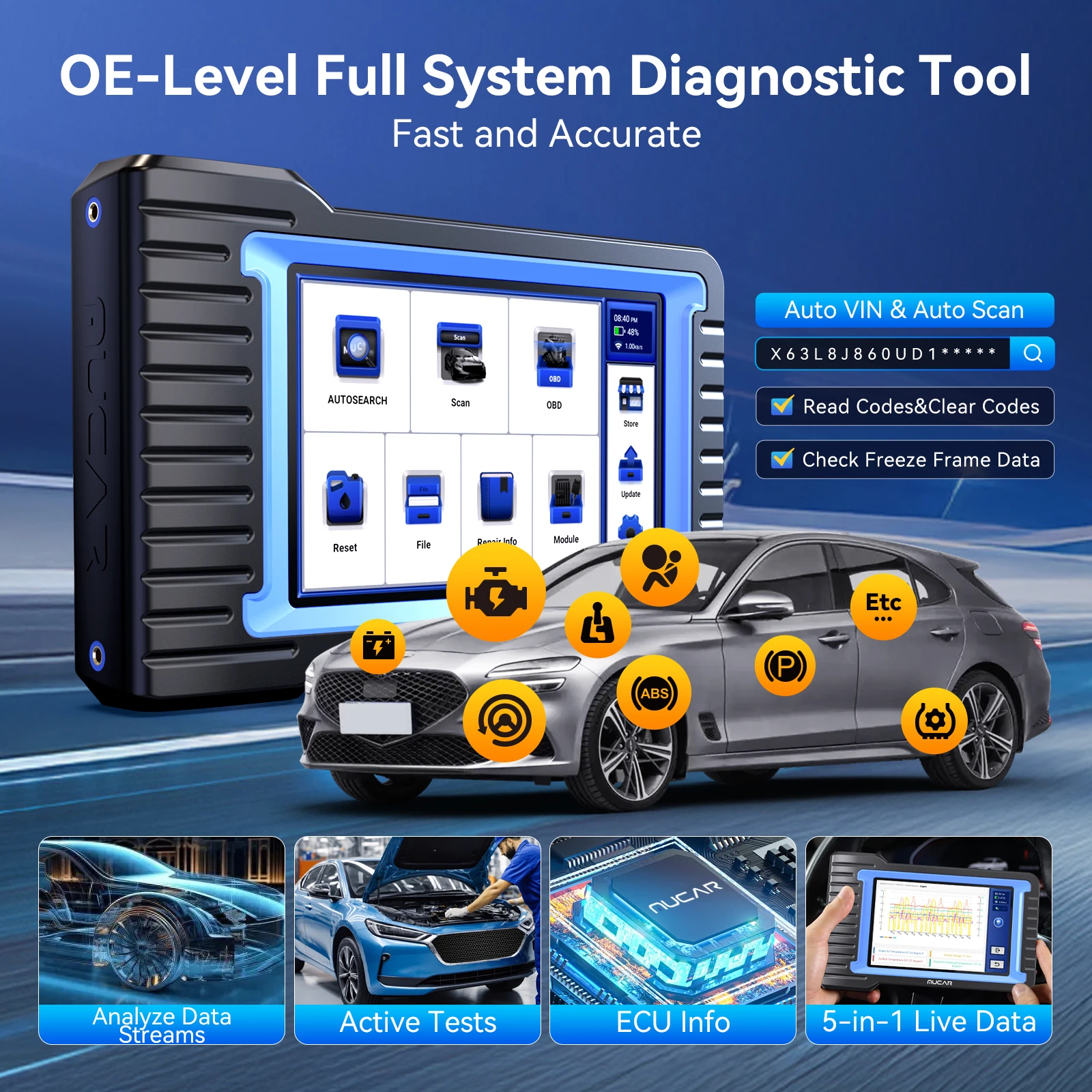 MUCAR VO7/VO7S Car Diagnostic Scanner Tools OBD2 Full System 28 Reset ECU Coding Bi-Directional CANFD Lifetime Free Update