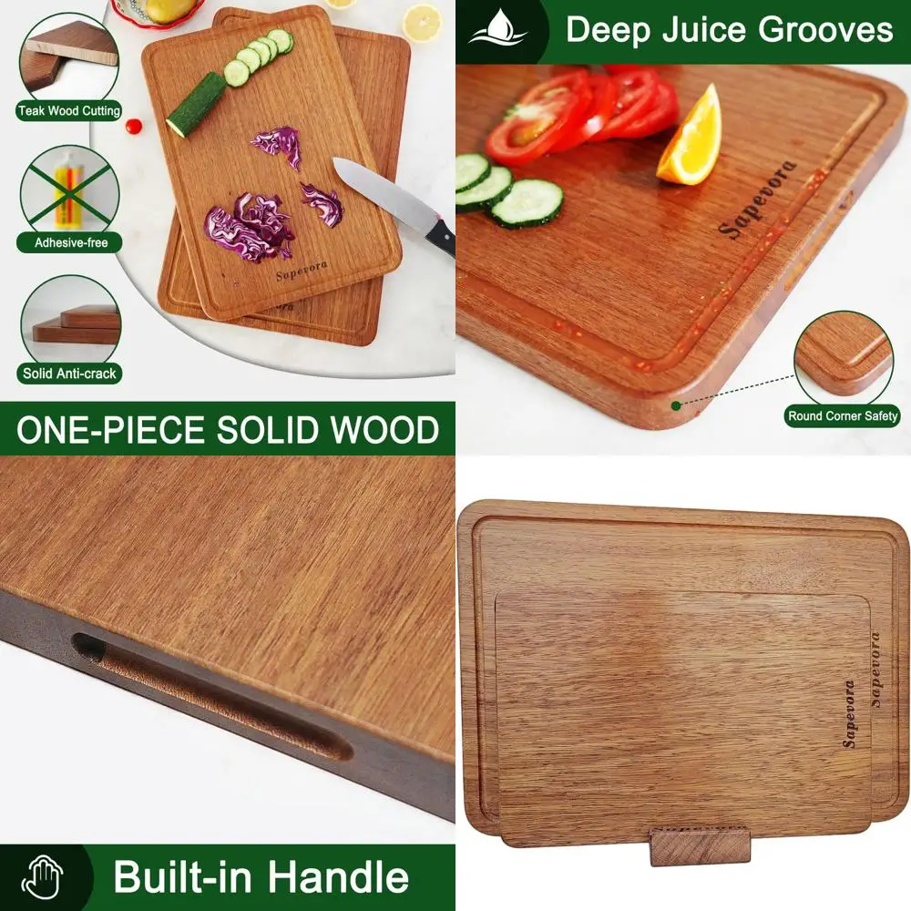 

Набор больших толстых разделочных досок из массива тикового дерева, не приклеенных, устойчивых к трещинам, с глубокими канавками для сока и встроенными ручками, 16,9x11.