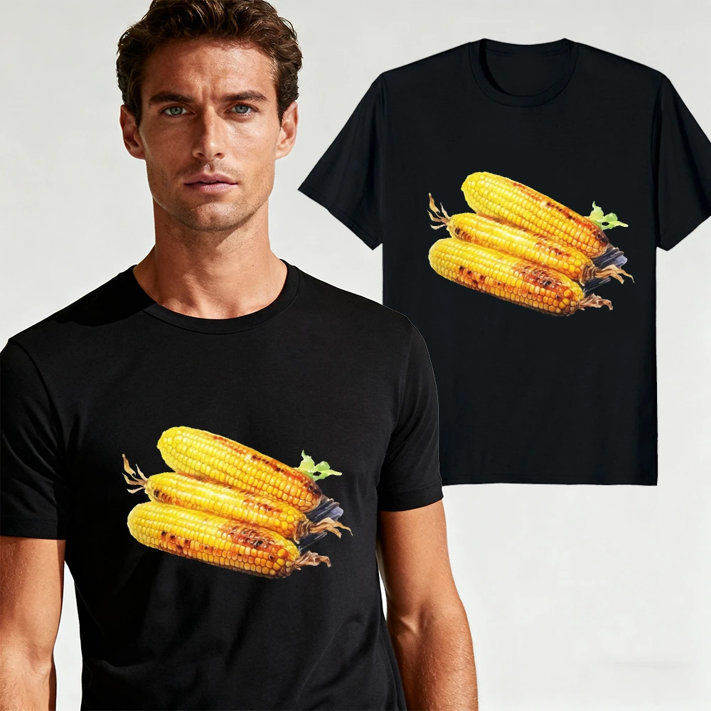 Realistic Watercolor Roasted Corn Cobs Graphic Men Summer T Shirt Barbecue Vegetable Farm Food Casual Short Sleeve Apparel
