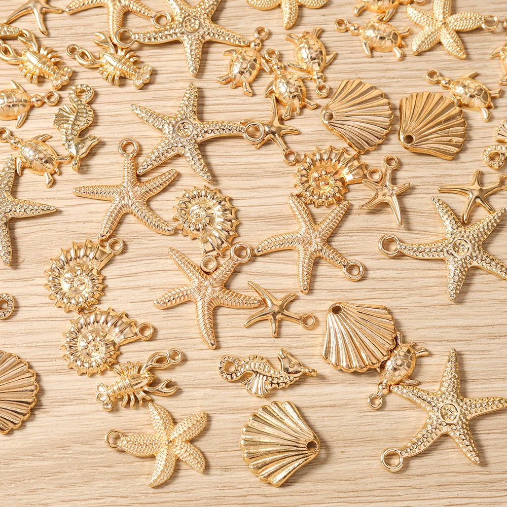 Tusember 10 Stück Anhänger aus Legierung in Goldfarbe mit Seestern-, Hummer- und Muschelmotiven für die Schmuckherstellung, Ohrringe, Halsketten, DIY-Zubehör – Detail 4