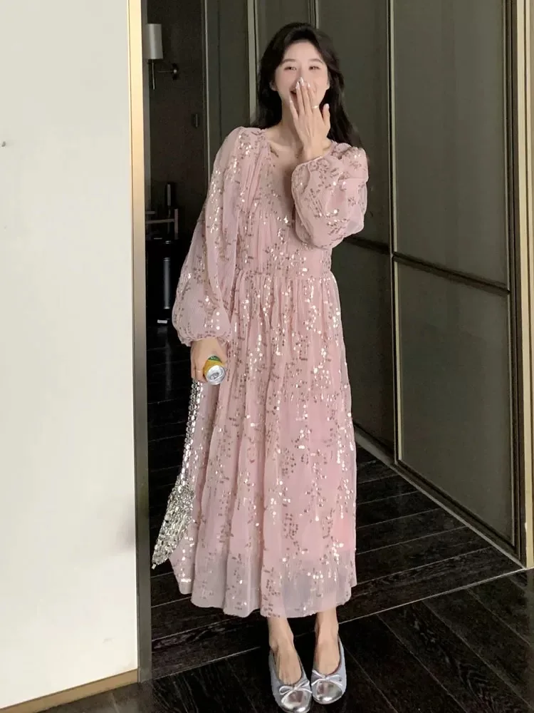 

Women Sweet Long Sleeve Round Neck Sequin Dress Elegant Spring Autumn Big Swing Loose Long Dress Vacation Clothing F754