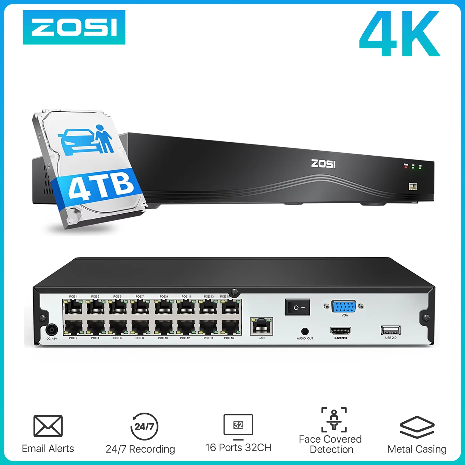 ZOSI 4K 32CH Network Video Recorder 32 Channel 16-Port 8MP Dual-Disk Backup NVR Surveillance System Only Work with ZOSI PoE Cam