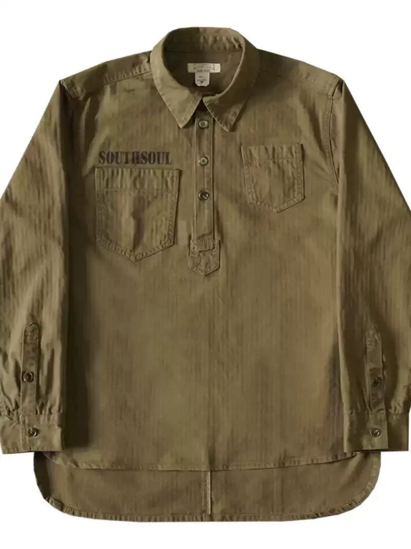 Giacca da camicia pullover con colletto Henry in puro cotone retrò americano a successo, vecchio orlo rotondo asimmetrico lavato a spina di pesce