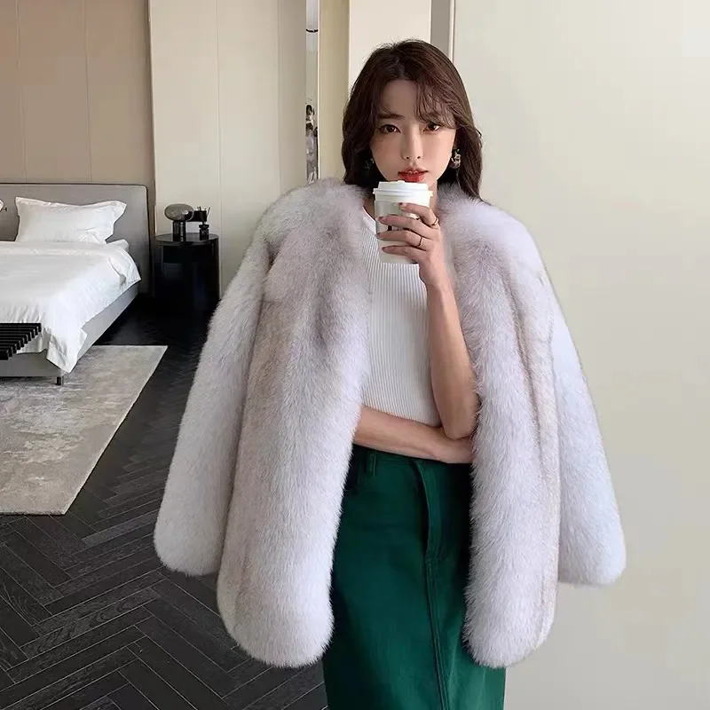 High-End Women's Anti-Fox Fur Jacket Eco-Friendly Mid-Length Warm Thick Autumn Winter Outerwear Loose Fit Overcoat