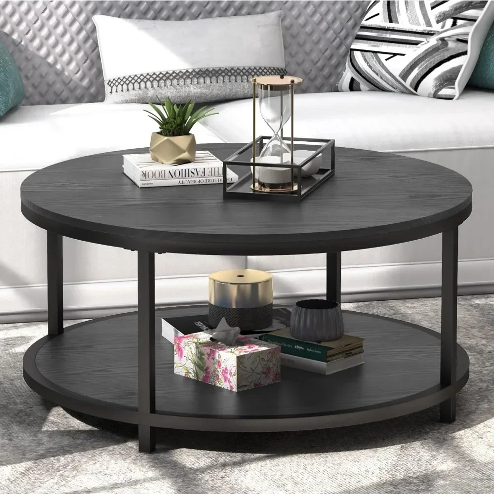 Simple industrial 35.8-inch circular coffee table with storage rack and sturdy metal legs, black, easy to assemble