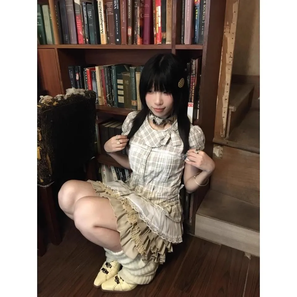 Slim Fit Plaid irt Women's Japanese College Sle Bubble Sve Doll Collar Lace Trim irt Trendy Summer Casual irt