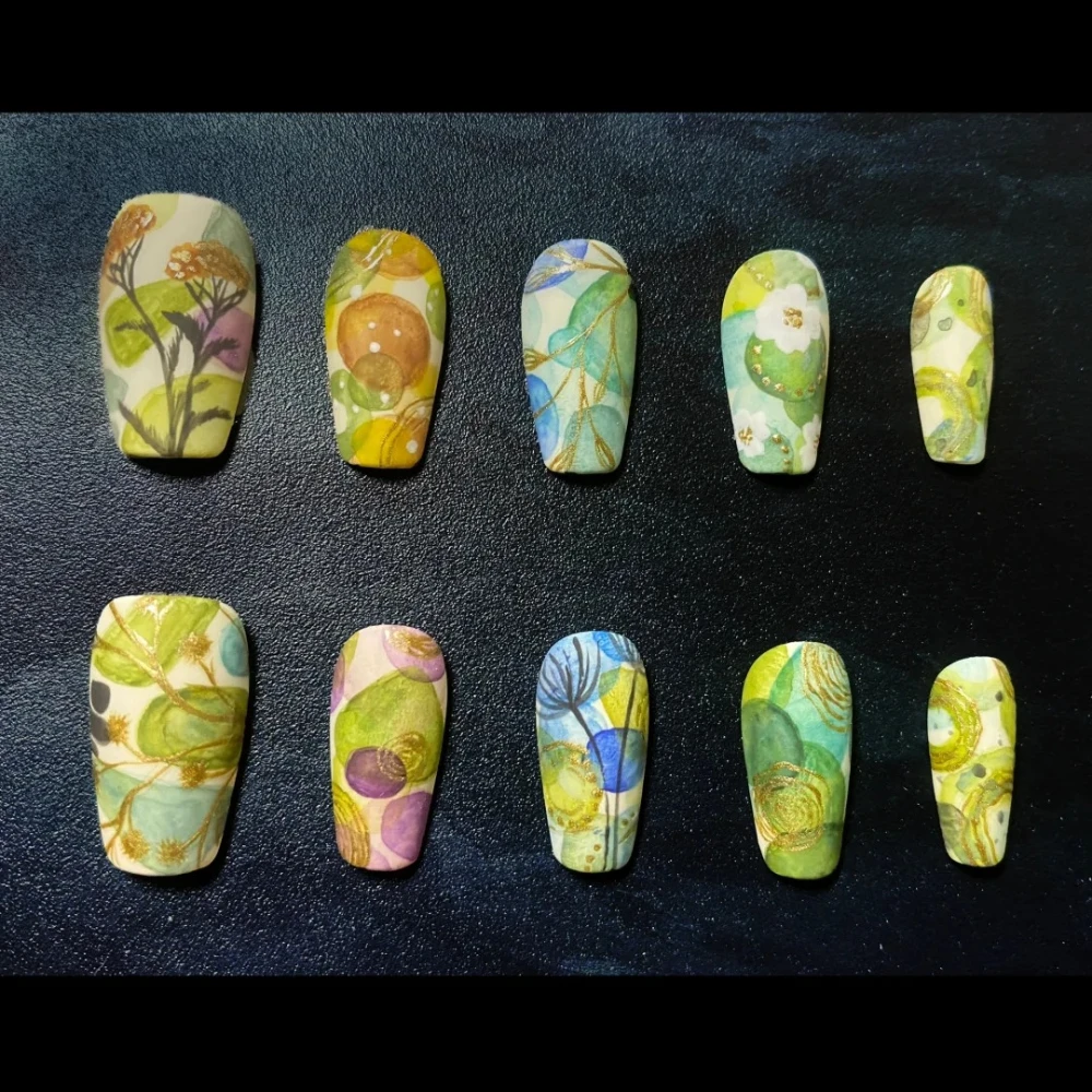 10Pcs Handmade Manicure Medium Coffin Fake Nails Summer Painting Limited Nails Press On Nails Design with Adhesive Nail File Set