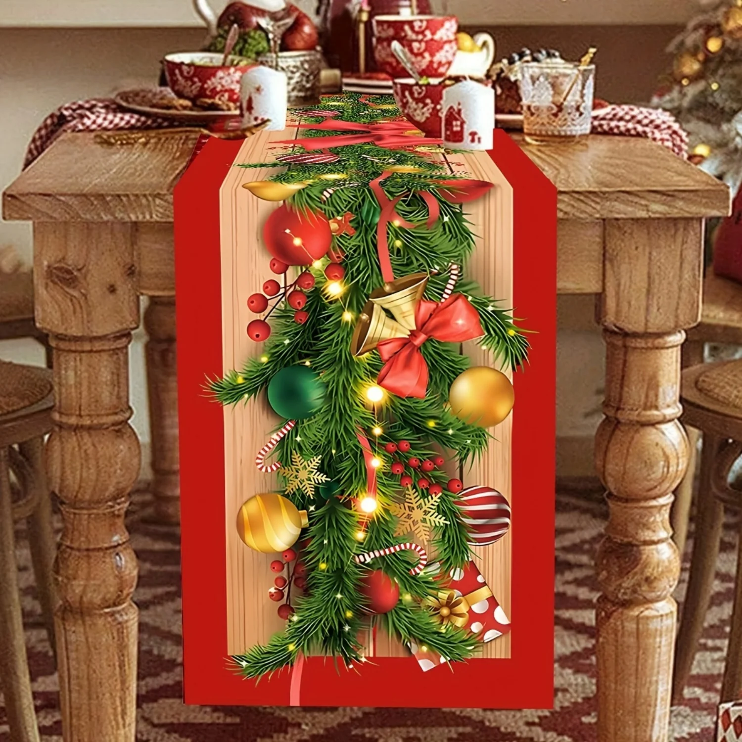 1 Stück Frohe Weihnachten Tischläufer mit Blumenreben- und Schleifen-Design, Polyester-Weihnachts-Tischfahnenbezug, Weihnachtsdekorationen