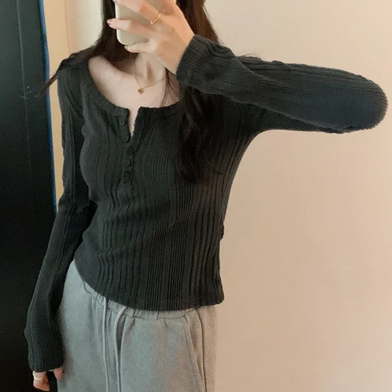 Femme Coreano Moda Magliette e camicette Autunno Sottile T Shirt Per Le Donne Casual O Collo Solido Magliette Mujer Donna Vestiti Manica Lunga Tee Shirt