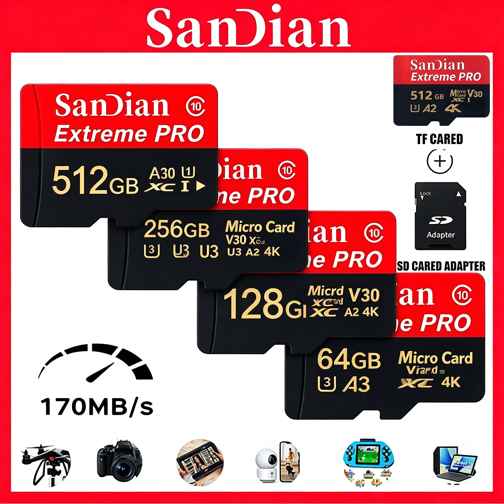 Secure Micro TF SD Card Memory Card TF Cards SD Cards 512GB 256GB 32GB 64GB 128GB 4K Waterproof Full HD for Gaming Tablet