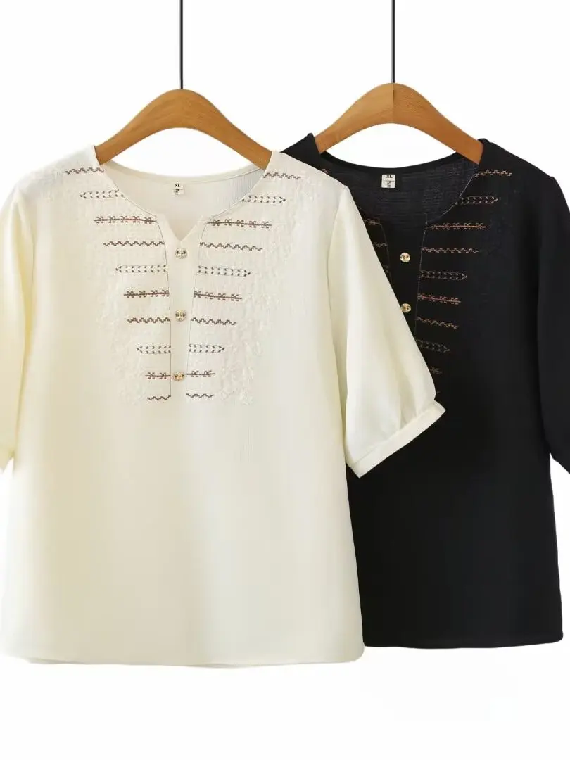 

plus Size Women's Summer Ethnic Style V-Neck Embroidered Shirt Short Sleeve Slimming Top French Style Loose Fit Polyester