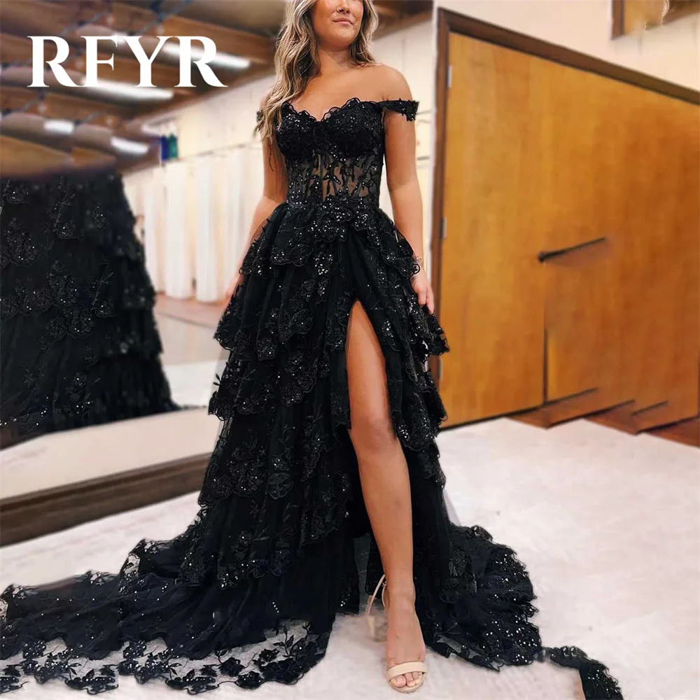 

RFYR Black Prom Dress Sweetheart Ruffles A-Line Evening Dress Layered Tulle فستان سهرة with Sheer Corset Appliques Party Dress