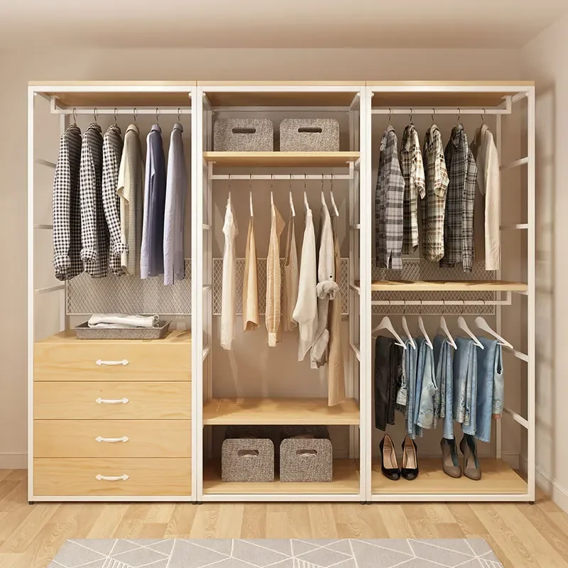 Open simple wardrobe without doors, eco-friendly metal rack, corner walk-in closet rack, assembled iron storage rack
