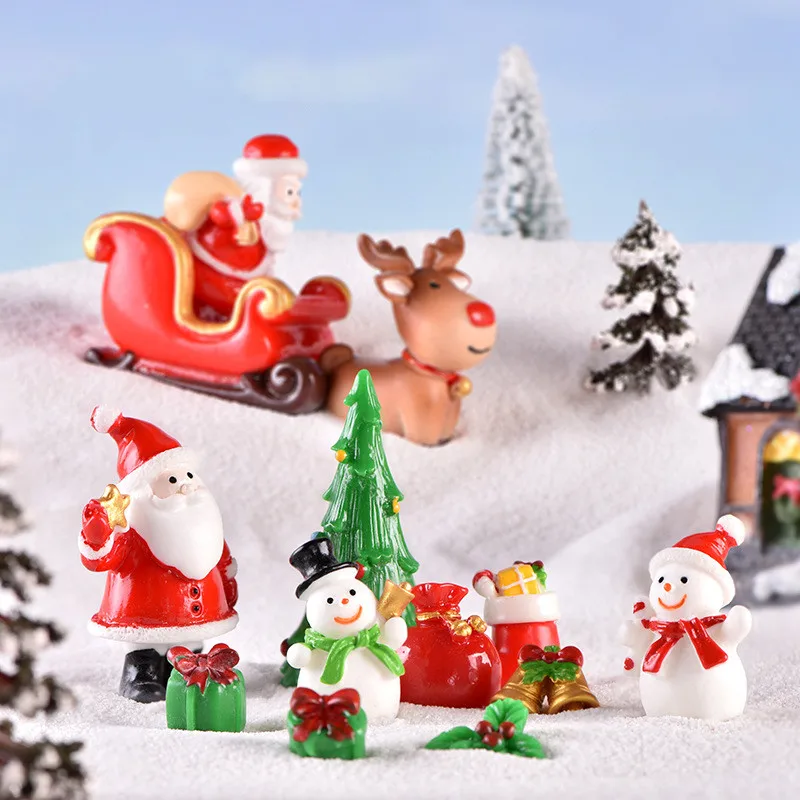 Figurines Miniature Cute Snowman Santa Claus Elk Gift Box Micro Landscape Ornaments For Christmas Decorations Home Room Decor