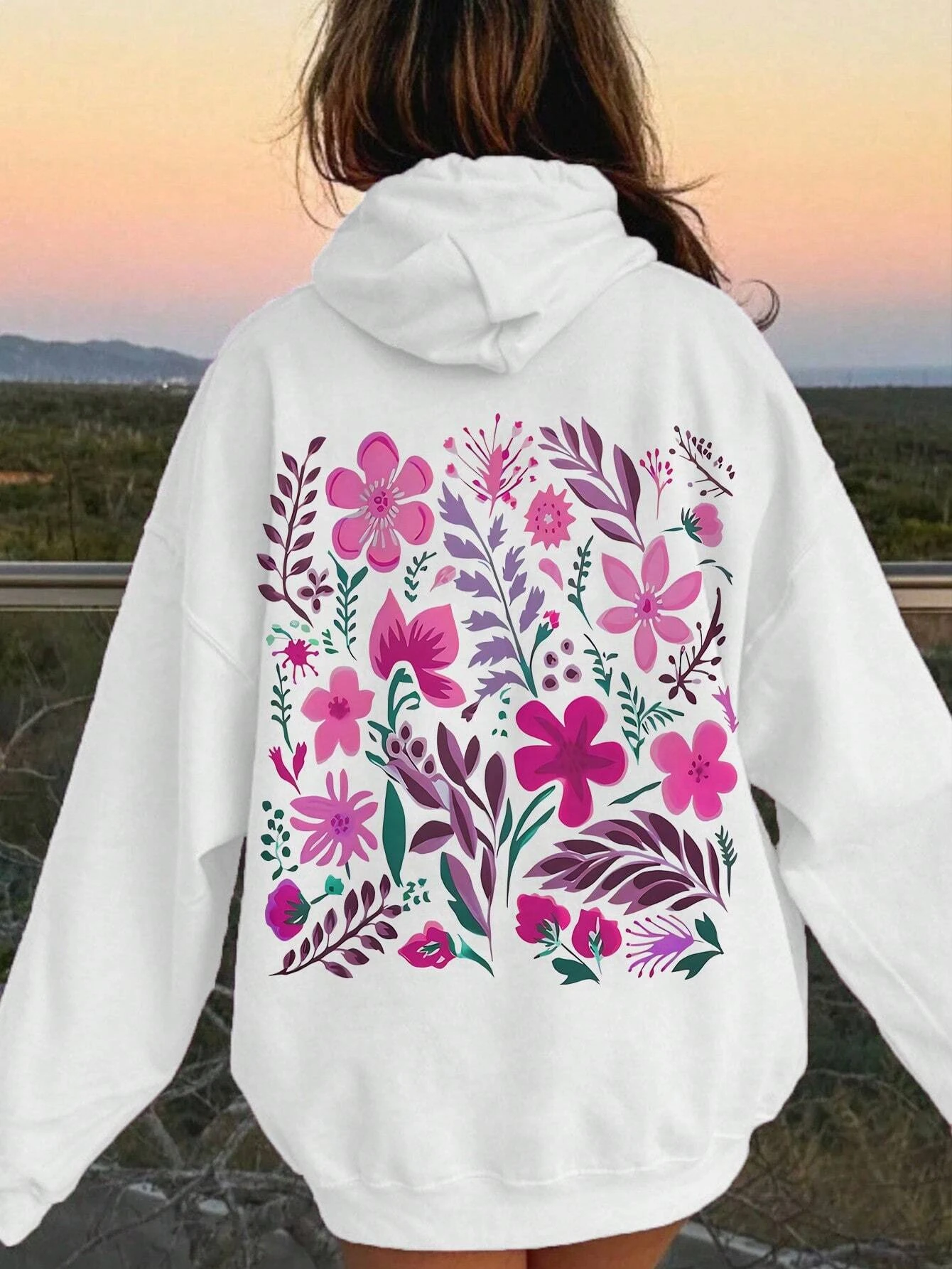 Pink Flower Printing Women Hoody Harajuku Loose Sweatshirt Fleece Warm Comfortable Hoodies Vintage Autumn Crewneck Woman Top