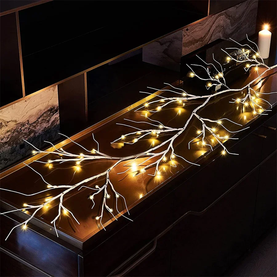 

1.8M 48 LED Lighted Birch Garland Battery Operated White Willow Twig Vines Light Wall Fireplace Mantle Christmas Fairy Light