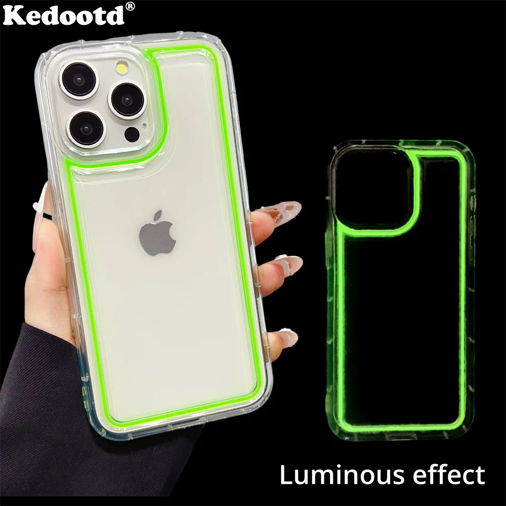 Transparent Neon Fluorescent Frame Noctilucent Case For iPhone 16 15 14 Plus 13 12 11 Pro Max AirBag Shockproof Luminous Cover