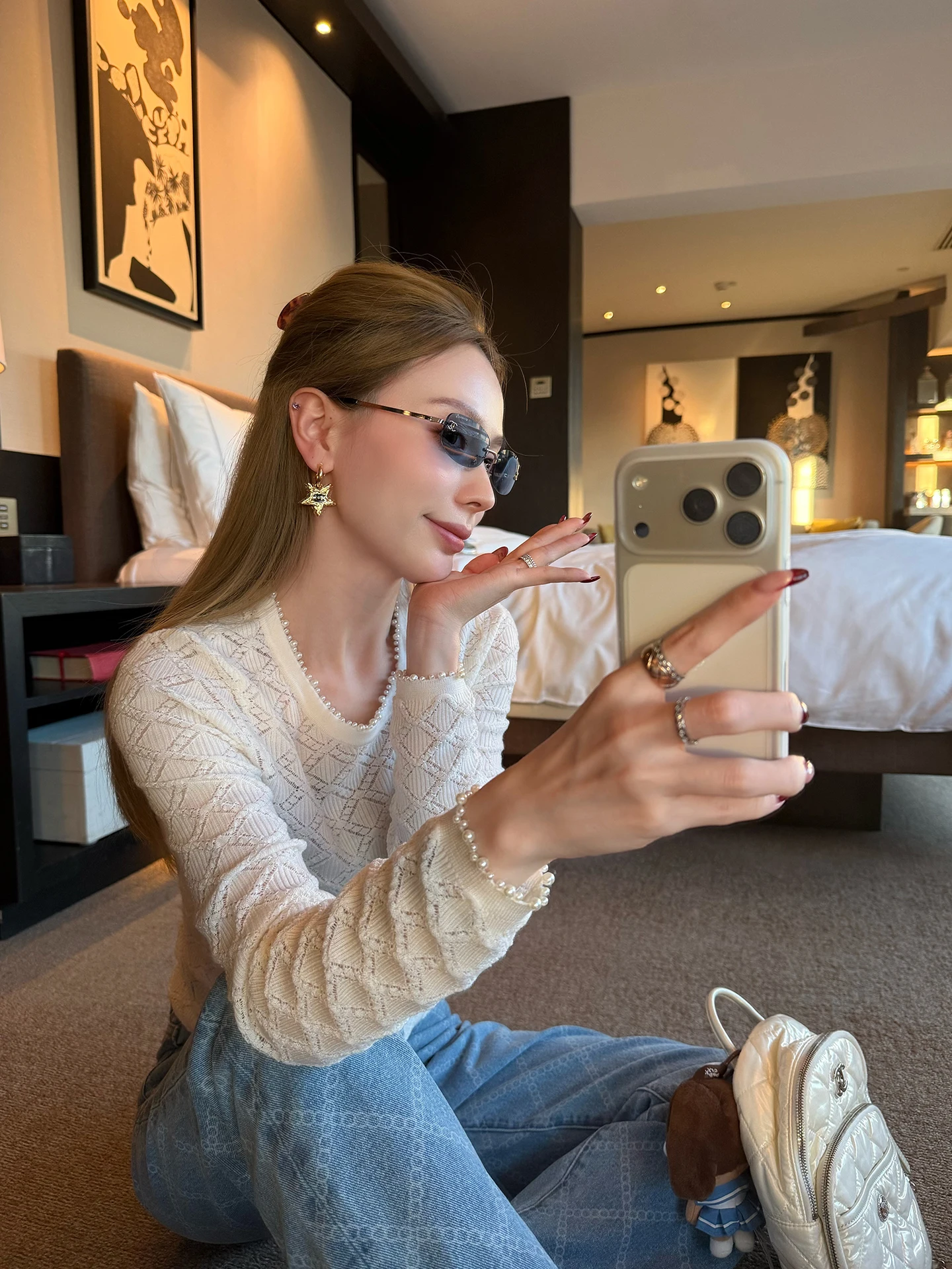 

Virgo Season Women's Knitted Base irt Pearl Embellied Hollow out Ultra Fine Merino Wool Casual Fit Long Sve round Ne