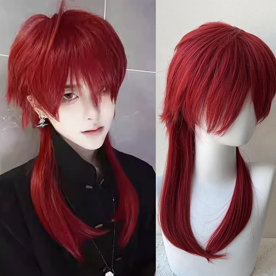 

AOSI Wine Red Mullet Head Wigs with Bangs Long Synthetic Straight Men Women Anime Halloween Cosplay Hair Wig for Daily Party