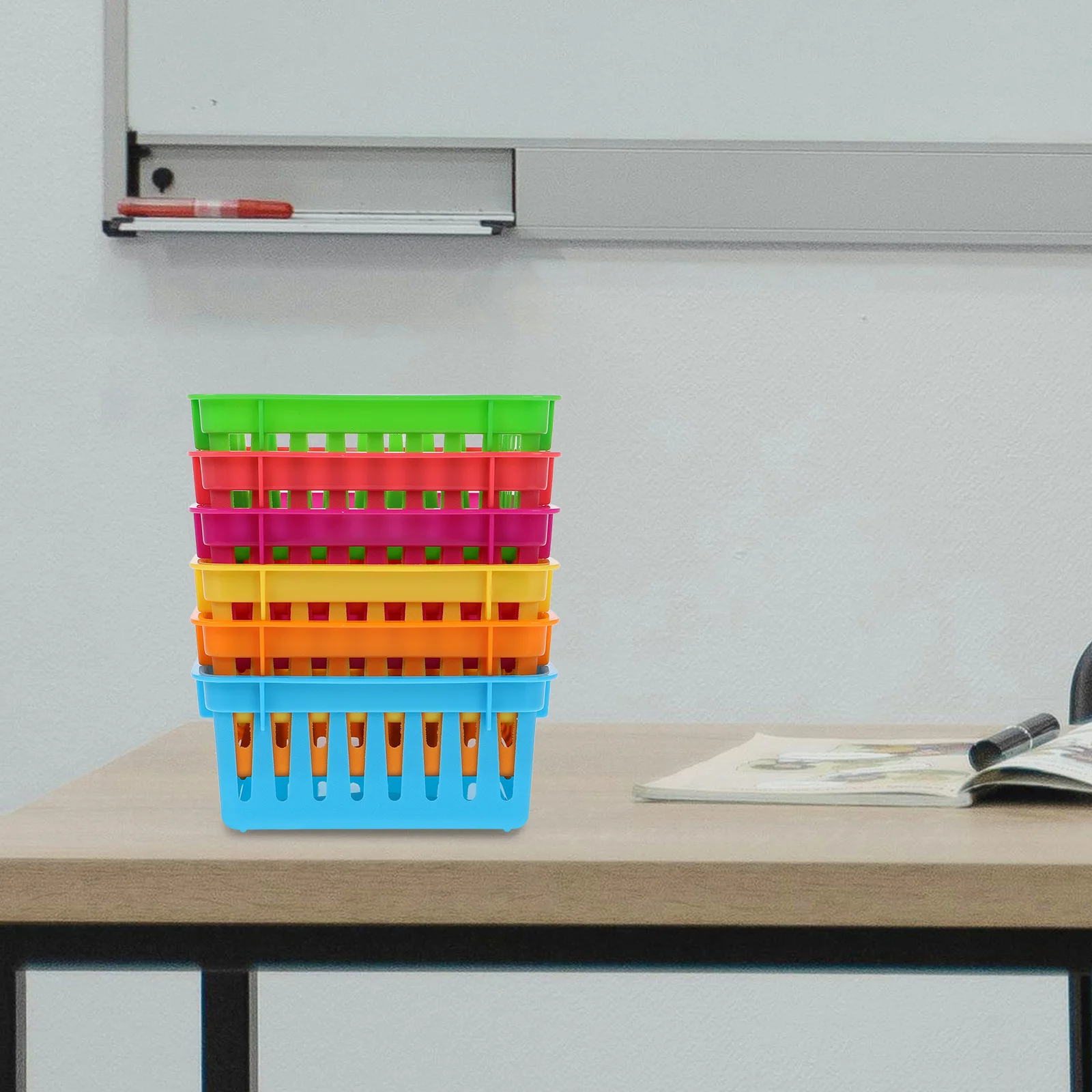 

6Pcs Classroom Desk Organizers Plastic Pencil Baskets Small Storage Bins Colorful Utility Trays for School Office Home