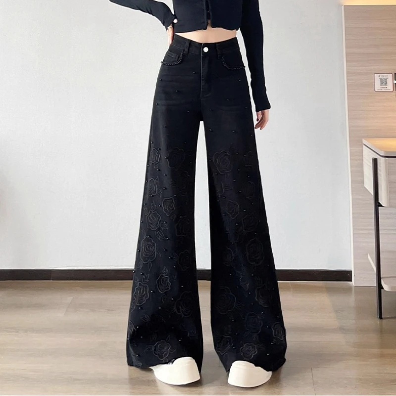

Весна-осень 202, женские широкие черные джинсовые брюки с высокой талией и жемчугом, женские джинсовые брюки с цветочной вышивкой