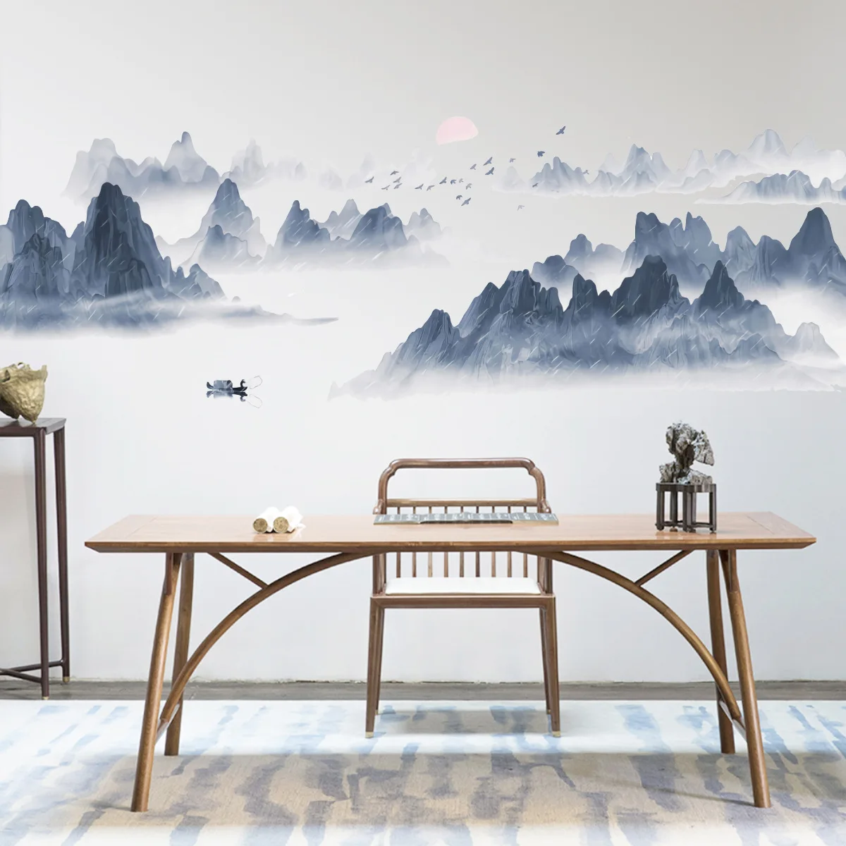 

4pcs Chinese Style Series Sunset Landscape Creative Wall Sticker Living Room Bedroom Background Decorative Mural Wall Sticker