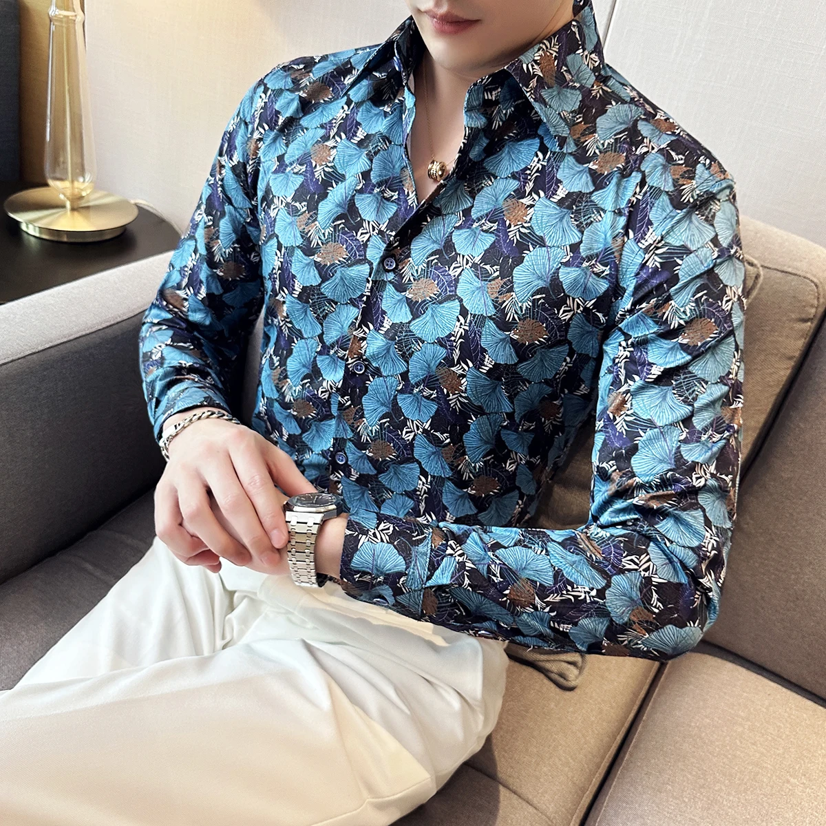 

2024 Men's Shirts with Long Sleeves Printed Body Suit Blouse Cotton Office Wear Casual Business Fashion Classic Style Tops N126