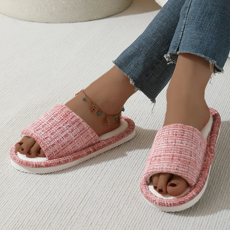 เปิดนิ้วเท้าผ้าลินินรองเท้าแตะสําหรับสตรีสบายรองเท้าแตะในร่มลื่นผู้หญิงลายห้องนั่งเล่น Unisex ชั้นสไลด์