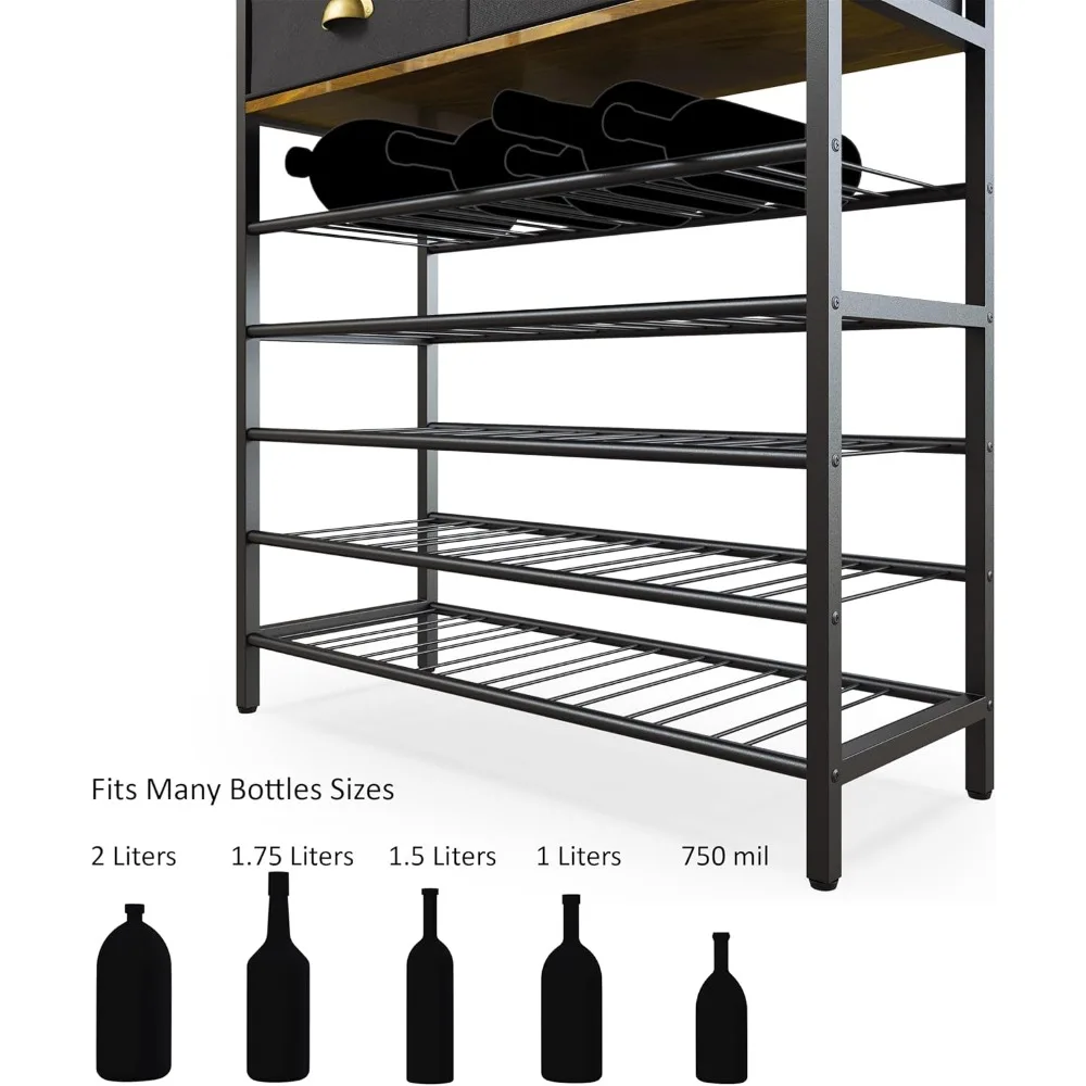 Wine Rack Freestanding Floor with Wine Glasses Holder, Liquor Cabinet Bar for Home, 2 Storage Drawers, Bar Cabinet