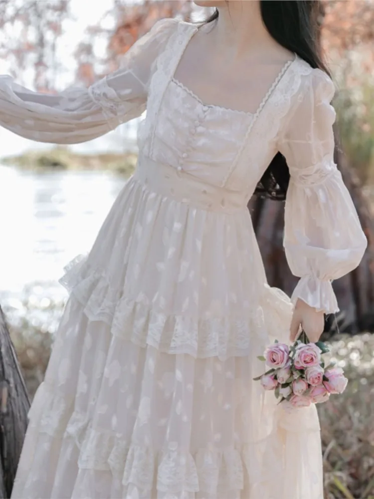 Damska Jesienna Elegancka Sukienka Midi z Koronkowymi Wstawkami, Długi Rękaw, Vintage, na Imprezę, Bal, Vestidos, Odzież Damska, Ubrania na Urodziny