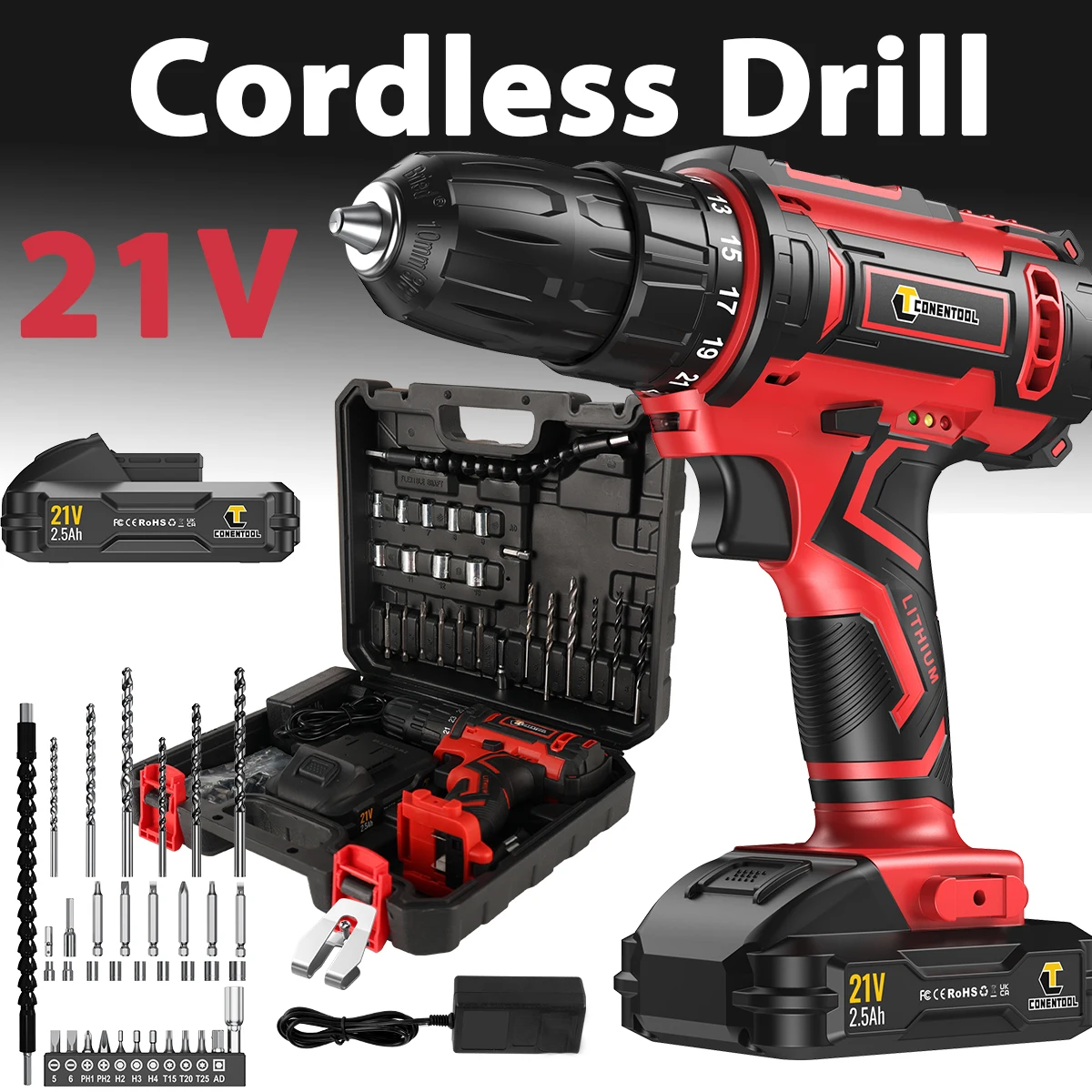 CONENTOOL 21V Cordless Drill Driver 45Nm Combi Drill Electric Screwdriver Set 36PCS & 2500mAh Battery AKKUSCHRAUBER BOHRMASCHINE