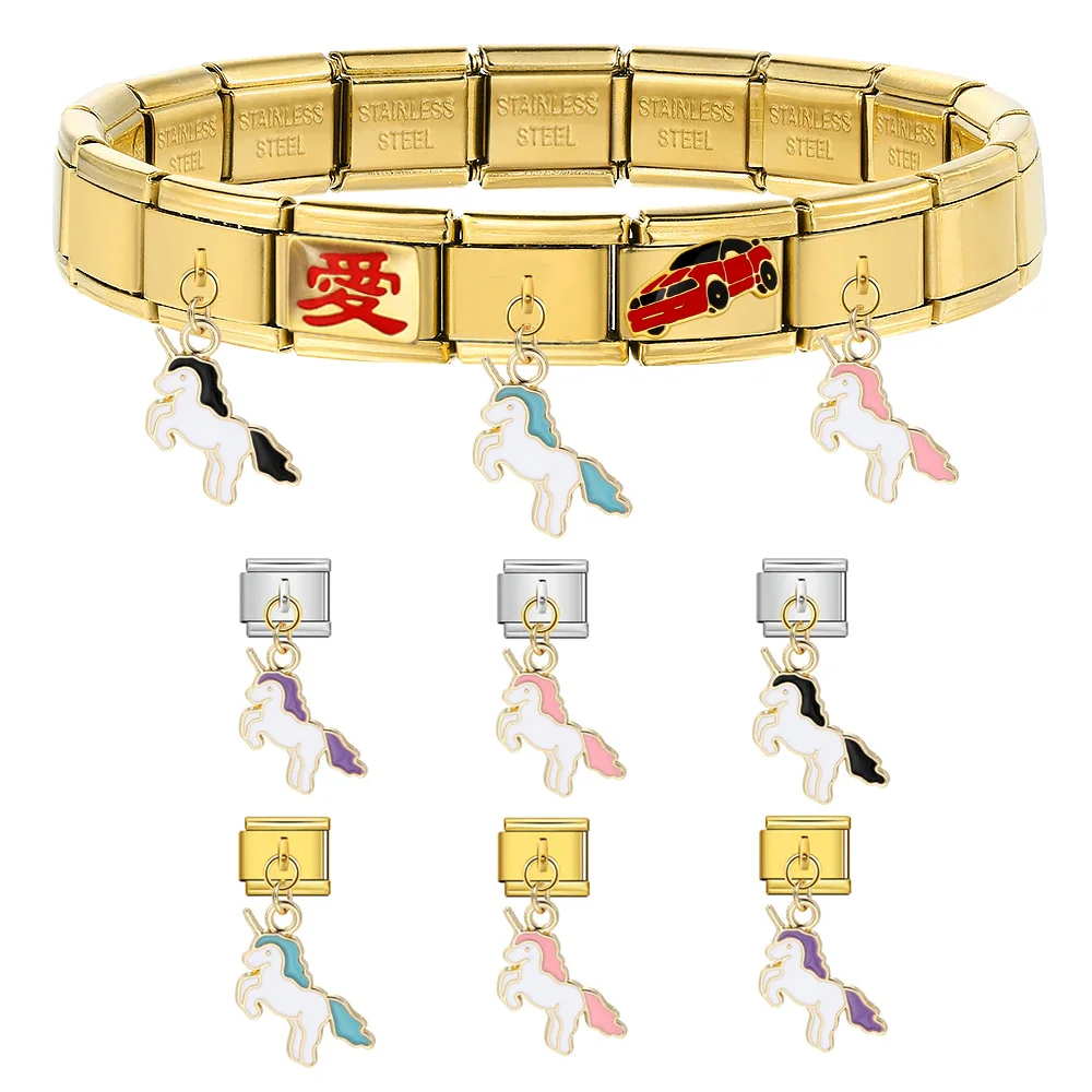 Trendy Y2k Women Colorful Pendant Unicorn Italian Charm Link Fit 9mm Stainless Steel Bracelet Making DIY Jewelry Accessorie