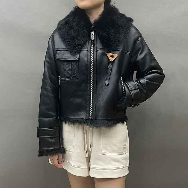 

2023 Genuine Sheepskin Shearling Coats Women Real Leather Jacket Thick Warm Winter Stand Collar Crop Jacket NOB5891