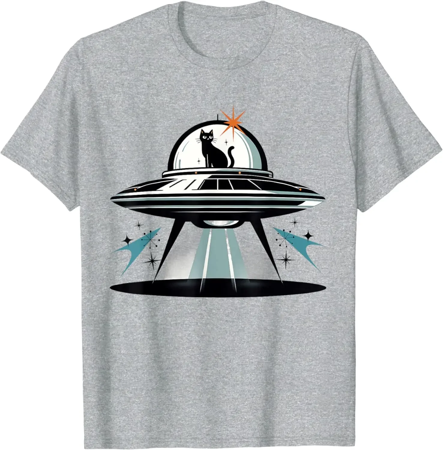 Cool UFO Midcentury Blacckk Caatt Retro Atomic Age Space Capsule T-Shirt for Men Women Cotton Oversized T Shirt Streetwear