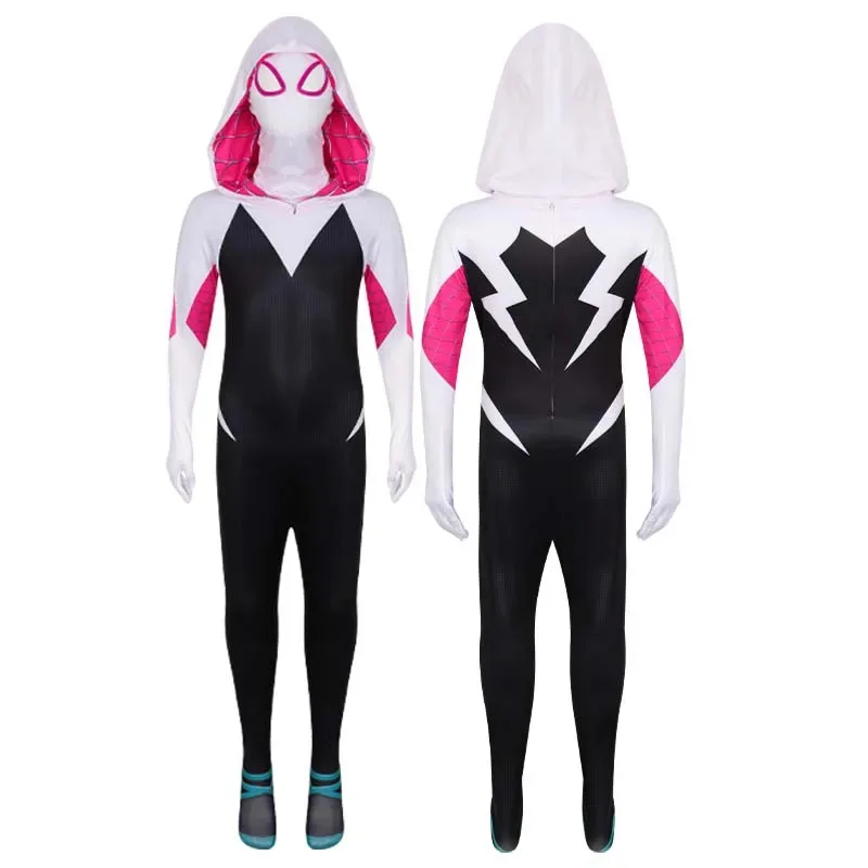 Kids Spider Gwen Cosplay Superhero Bodysuit Gwendolyn Maxine Stacy 3D Zentai Halloween Role Play Costume Hooded Mask Jumpsuitt