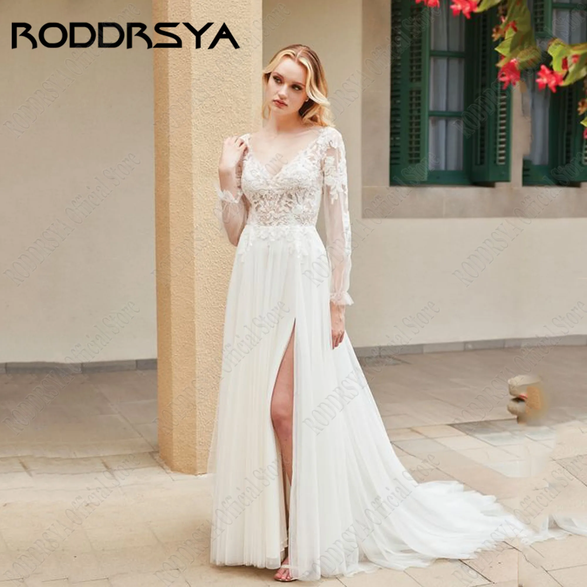 

RODDRSYA Customized V Neck Applique Wedding Dress Civil Side Split Long Sleeves Backless Classic Bride Dresses Robe De Mariee