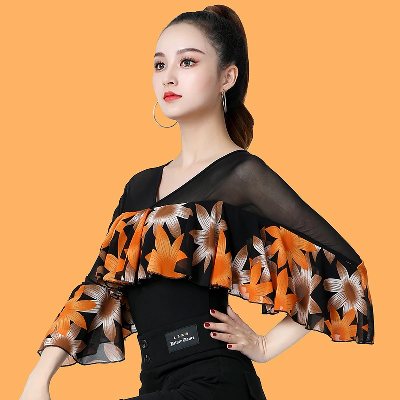 4สีดอกไม้พิมพ์ Ballroom Dance Tops Ruffle แขนยาว Tango Dance เครื่องแต่งกายหญิง Waltz เต้นรำ Leotard YS4079