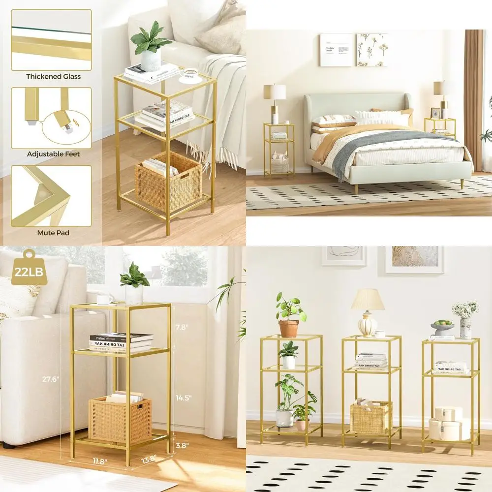 

Золотые трехъярусные стеклянные торцевые столики, тумбочки для хранения вещей, тонкие приставные столики для гостиной/спальни, набор из 2 шт.