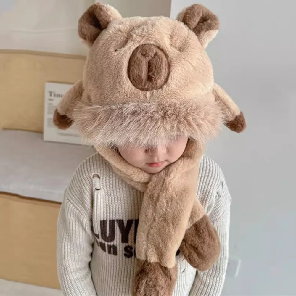 

Warm Windproof Ear Protection Hat Thickened Soft Capybara Hooded Scarf Integrated Movable Ears Children's Pullover Cap Winter